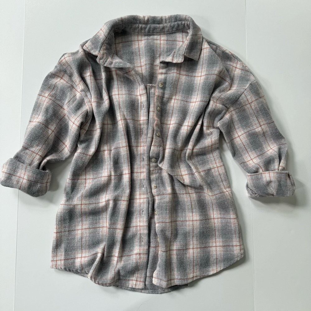PRETTYGARDEN Women’s Plaid Long Sleeve Shirt Button Down Shacket Grey Cream M